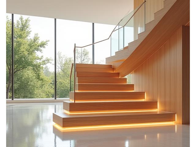 Sculptural floating wooden staircase with integrated LED lighting, embodying modern luxury and innovation