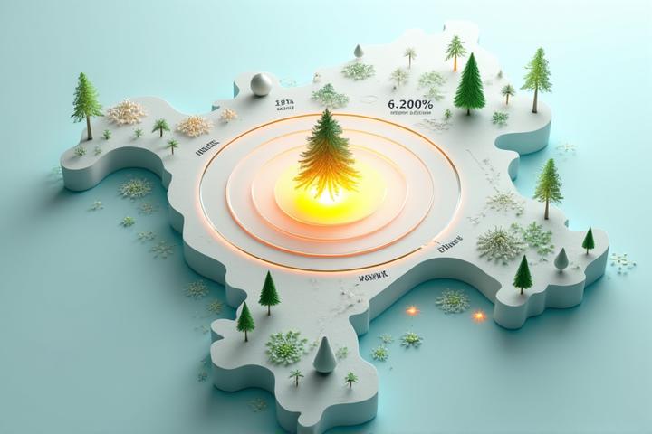 Stylized map highlighting a central point with concentric circles radiating outwards, showing regional sourcing zones and reduced carbon footprints.